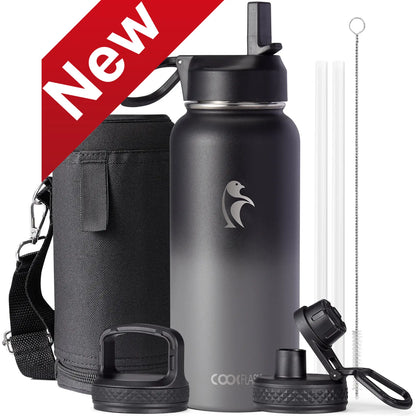 Coolflask 32/40/64/87/128oz Portable Insulated Water Bottle with Straw & 3 Lids, Stainless Steel Flask for Outdoor or Office, Travel Bottled Drinkware