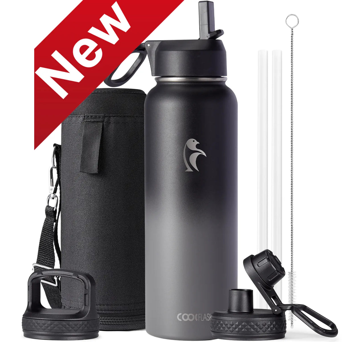 Coolflask 32/40/64/87/128oz Portable Insulated Water Bottle with Straw & 3 Lids, Stainless Steel Flask for Outdoor or Office, Travel Bottled Drinkware