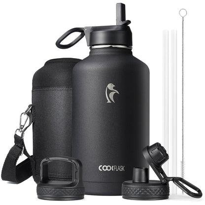 Coolflask 32/40/64/87/128oz Portable Insulated Water Bottle with Straw & 3 Lids, Stainless Steel Flask for Outdoor or Office, Travel Bottled Drinkware
