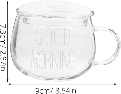 INOOMP Glass Milk Mug with Handle, Heat-resistant Breakfast Beverage Cup for Oatmeal and Tea, White Lettering with Lid, 1pcs Sturdy Glass Coffee and Latte Drinking Cup for Home Use