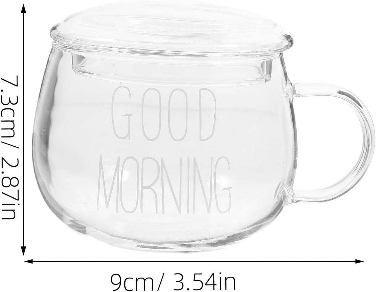 Wakauto Heat-resistant Glass Milk Cup with Handle Glass Breakfast Cereal Mug with White Lettering round Lid for Coffee Tea and Daily Use