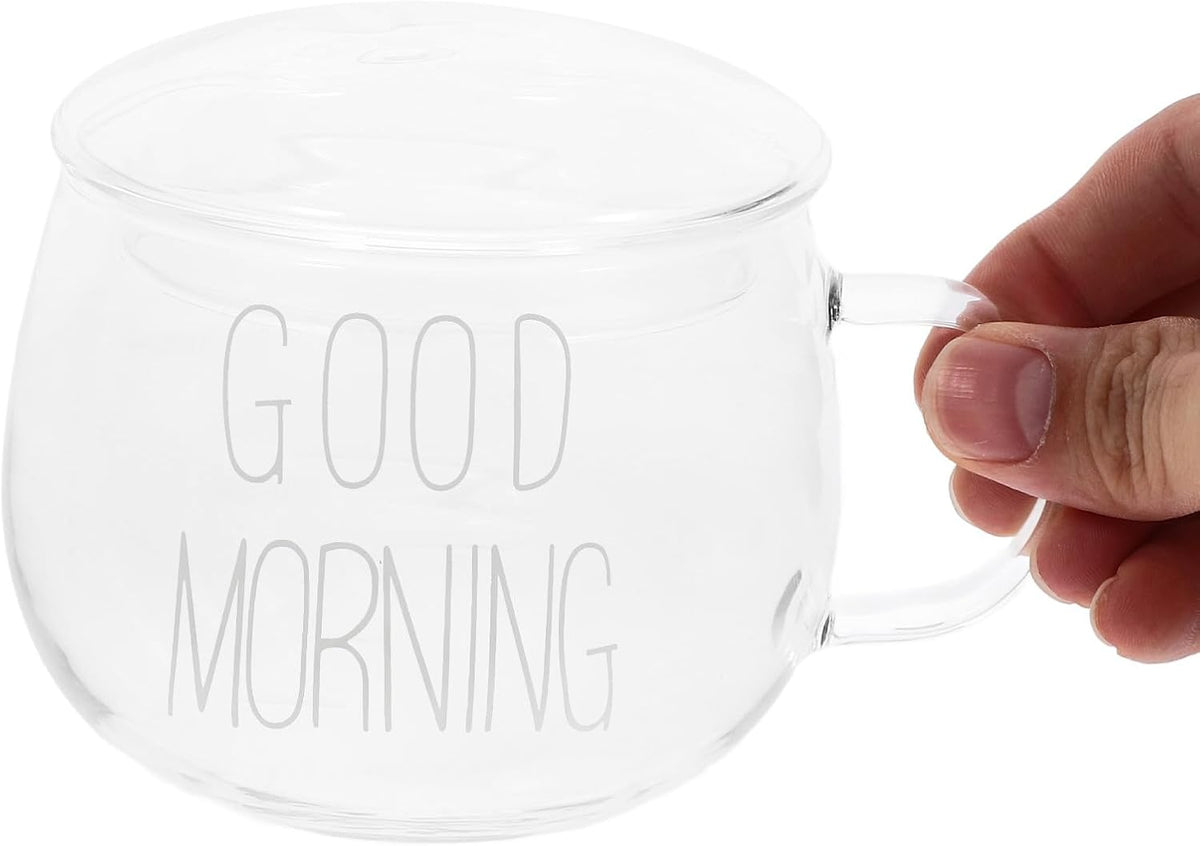 Heat-resistant Glass Milk Drinking Mug with Handle, White Lettering Cereal and Breakfast Cup with Lid, 1pcs Glass Coffee and Tea Cup for Home Kitchen Use