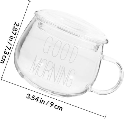 Heat-resistant Glass Milk Cup with Handle, 1pcs Glass Coffee Mug for Breakfast, Oatmeal, Latte, and Tea, Sturdy Household Drinking Cup with White Lettering round Lid, Suitable