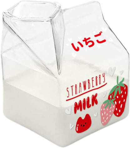 Milk Carton Glass Mug Square Cute Breakfast Cup for Home Portable Students Clear Milk Cups Strawberry..