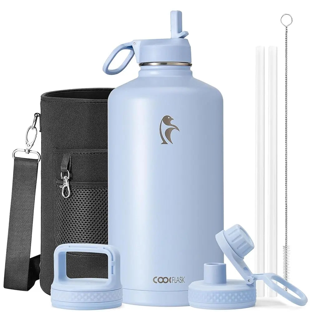 Coolflask 32/40/64/87/128oz Portable Insulated Water Bottle with Straw & 3 Lids, Stainless Steel Flask for Outdoor or Office, Travel Bottled Drinkware