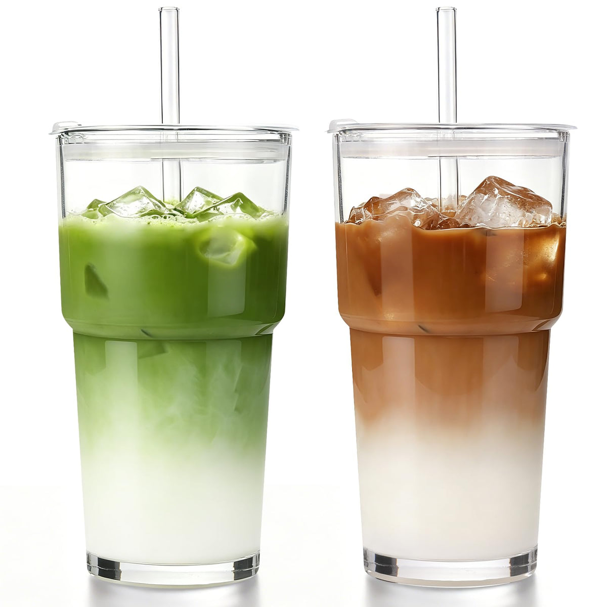 Iced Coffee Cups with Lids 2Pcs: Ribbed Glass Tumbler with Straw and Lid 20oz - Vintage Glass Cups with Lids and Straws - Tumbler Leak Proof Aesthetic Drinking for Coffee Bar Accessories