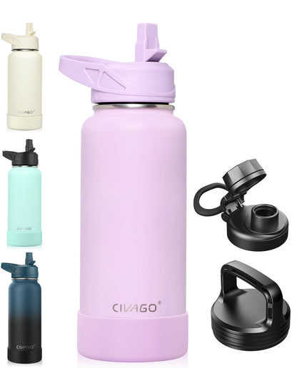 CIVAGO 40 oz Insulated Stainless Steel Water Bottle With Straw and 3 Lids | Large Metal Sports Water Jug, Leakproof Reusable Wide Mouth Thermal Flask Cup with Silicone Boot, BPA-Free, Midnight Black