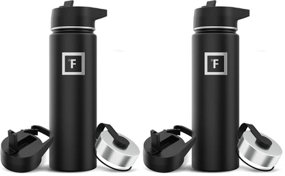 IRON °FLASK 32 oz Wide Mouth Water Bottle with 3 Lids | Insulated Stainless Steel Sports Water Bottle with 3 Leakproof Lids - BPA Free, Cold 24 Hrs, Sweat Free (Midnight Black)