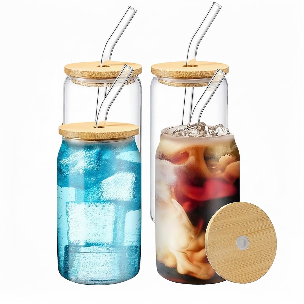 WISIMMALL Drinking Glasses with Bamboo Lids and Glass Straw 2PCS Set, 16oz Glass Cups with Lids and Straws, Beer, Iced Coffee Glasses, Soda, Gift 1 Cleaning Brushes
