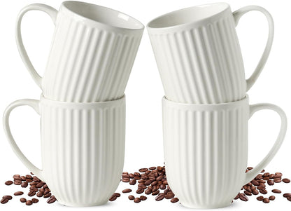 HASENSE Textured Large Coffee Mugs Set of 4, 16 Oz Ribbed Ceramic Cups with Large Handle for Latte Tea Cappuccino, Stackable Embossed Mug Set for Mom Dad, Microwave Dishwasher Safe, Creamy White