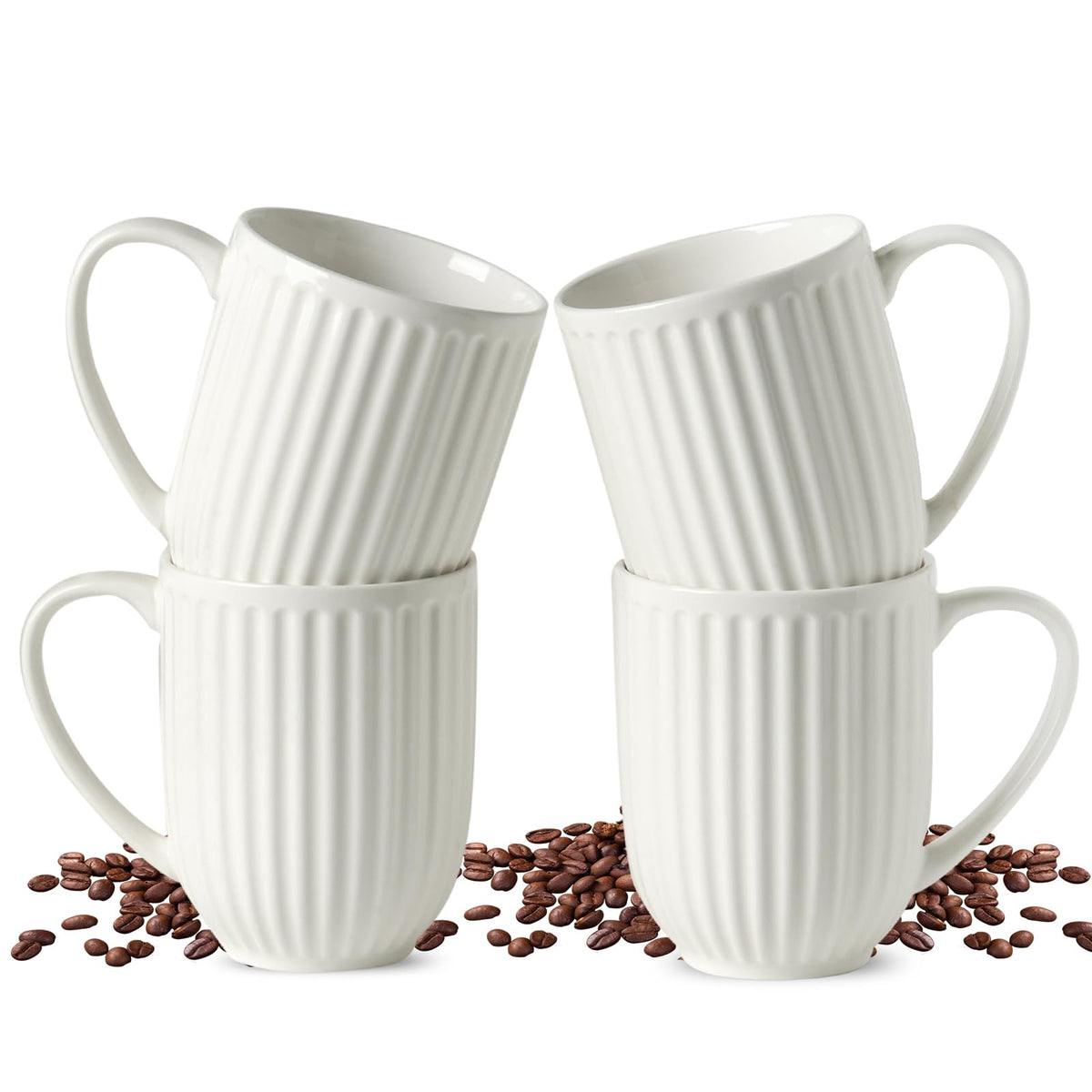 HASENSE Textured Large Coffee Mugs Set of 4, 16 Oz Ribbed Ceramic Cups with Large Handle for Latte Tea Cappuccino, Stackable Embossed Mug Set for Mom Dad, Microwave Dishwasher Safe, Creamy White