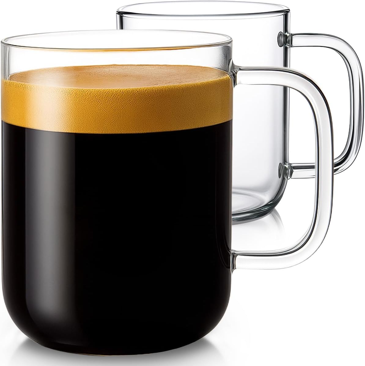 Aquach 20oz Glass Coffee Mugs Set of 2, Clear Borosilicate Cups with Handle | Dishwasher/Microwave Safe, Borosilicate Glass, Single-walled, Smooth Rim, Handle Comfort, Large Capacity