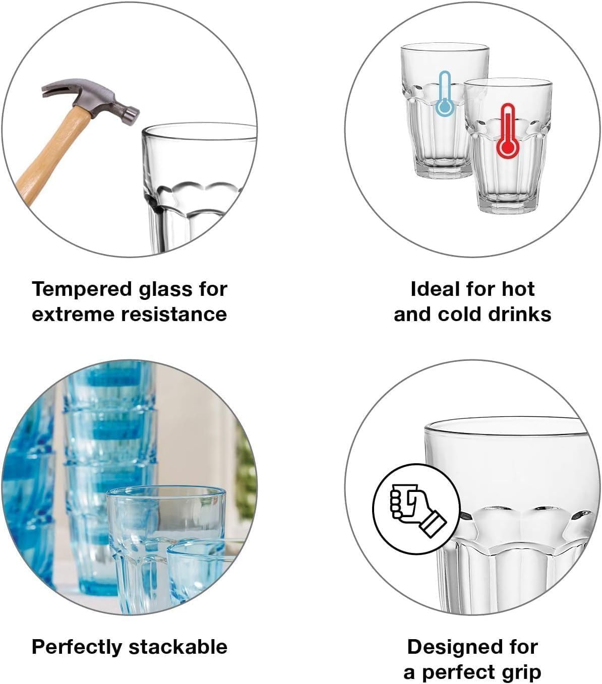 Bormioli Rocco Rock Bar Stackable Beverage, Set Of 6 Dishwasher Safe Drinking Glasses For Soda, Juice, Milk, Coke, Beer, Spirits – 12.5oz Durable Tempered Glass Water Tumblers For Daily Use