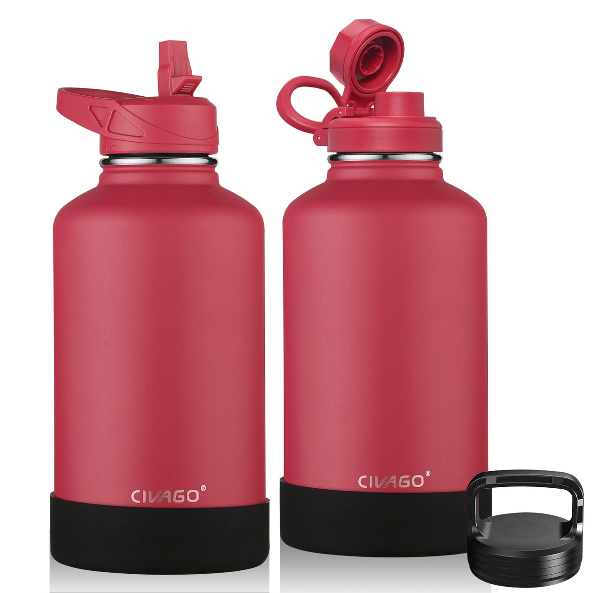 CIVAGO 40 oz Insulated Stainless Steel Water Bottle With Straw and 3 Lids | Large Metal Sports Water Jug, Leakproof Reusable Wide Mouth Thermal Flask Cup with Silicone Boot, BPA-Free, Midnight Black