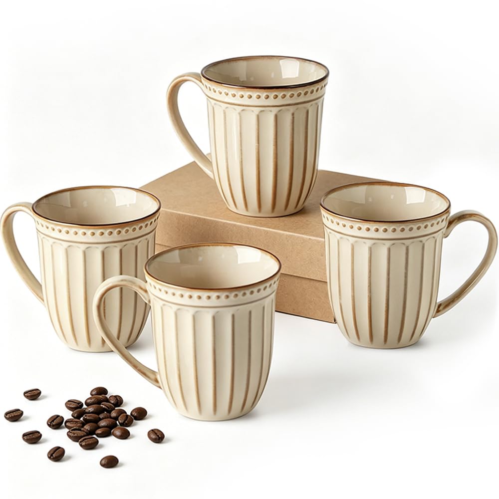 HASENSE Textured Large Coffee Mugs Set of 4, 16 Oz Ribbed Ceramic Cups with Large Handle for Latte Tea Cappuccino, Stackable Embossed Mug Set for Mom Dad, Microwave Dishwasher Safe, Creamy White