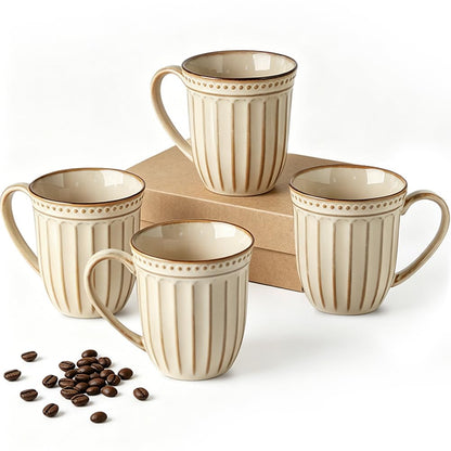 HASENSE Textured Large Coffee Mugs Set of 4, 16 Oz Ribbed Ceramic Cups with Large Handle for Latte Tea Cappuccino, Stackable Embossed Mug Set for Mom Dad, Microwave Dishwasher Safe, Creamy White