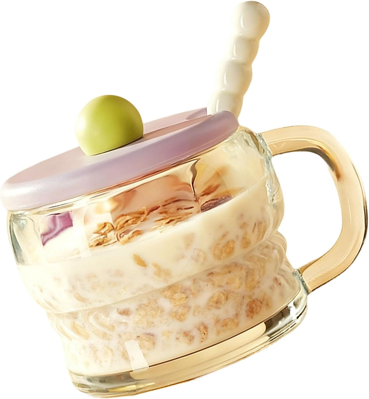 Glass Coffee Mugs, 2 Pcs 10.1 fl oz and 300 ml Breakfast Cups with Lid and Spoon, Dawn Milk & Oatmeal Cups with Handle, Refined Transparent Glass Cups for Yogurt, Purple