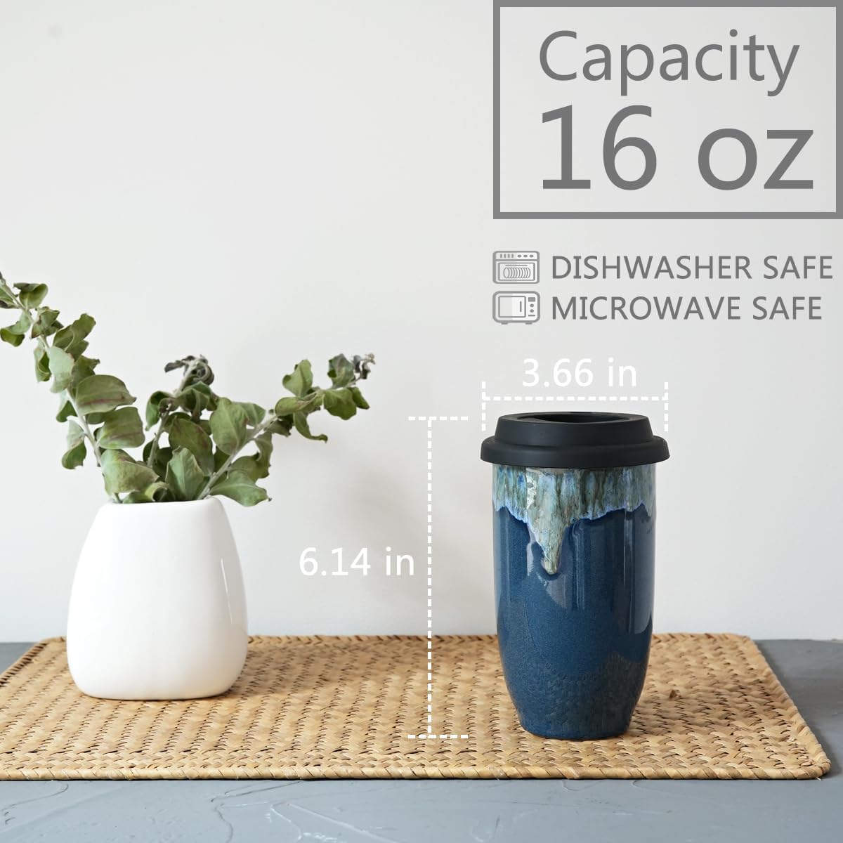 Bosmarlin Ceramic Travel Coffee Cup with Lid, 16 Oz, Portable Coffee Mug for Car Cup Holder, Microwave and Dishwasher Safe, Reactive Glaze (Deep BLue, 16 Oz)