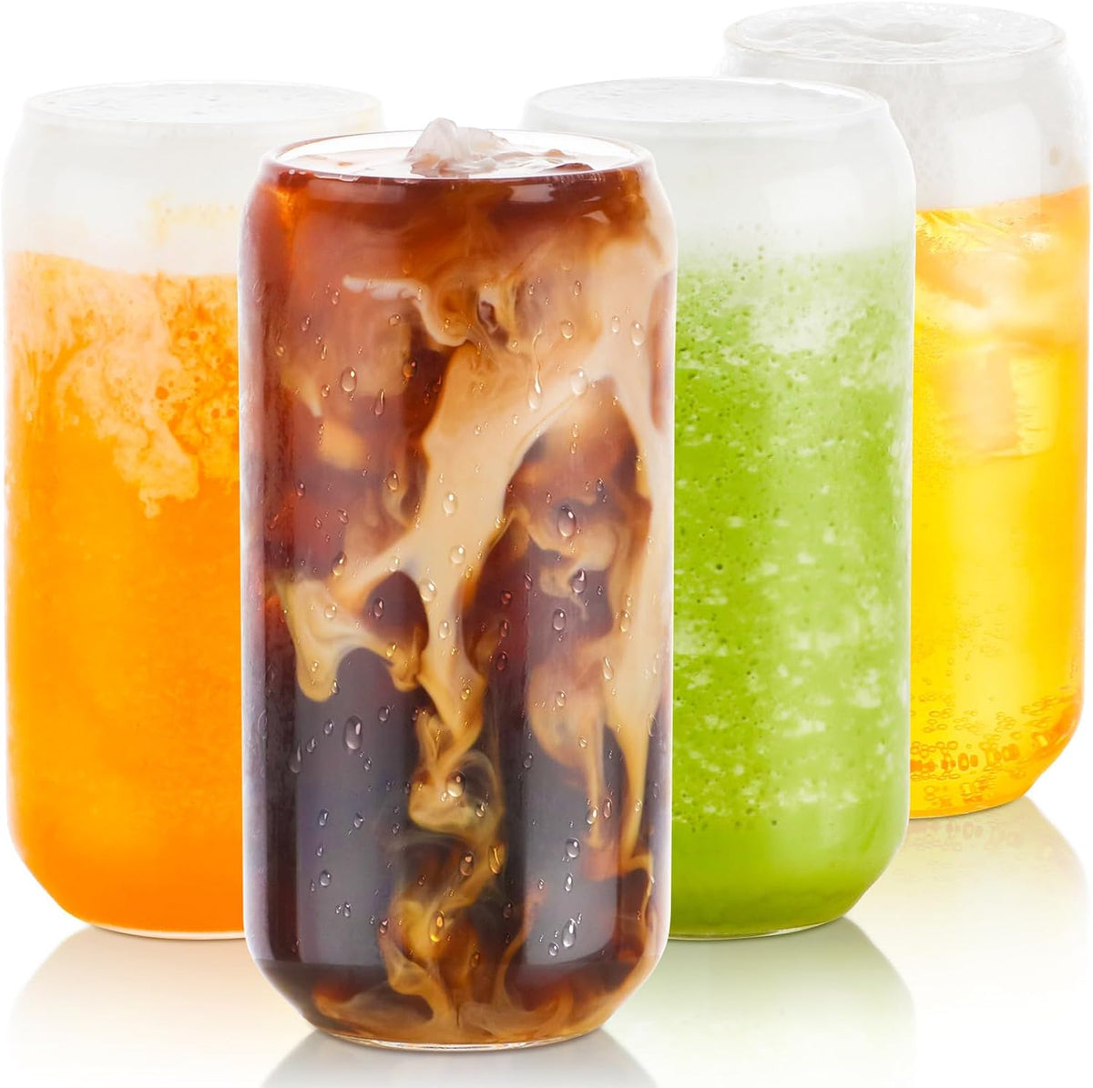 Drinking Glasses with Lid, Straw, 16oz Glass Cup Iced Coffee Tumblers, 1 Pc | Sleeve, Can Shaped, High Borosilicate Glass Drinking Set, Hot/Cold Beverages, for Beer, Tea, Juice, Gift, Bar Accessories