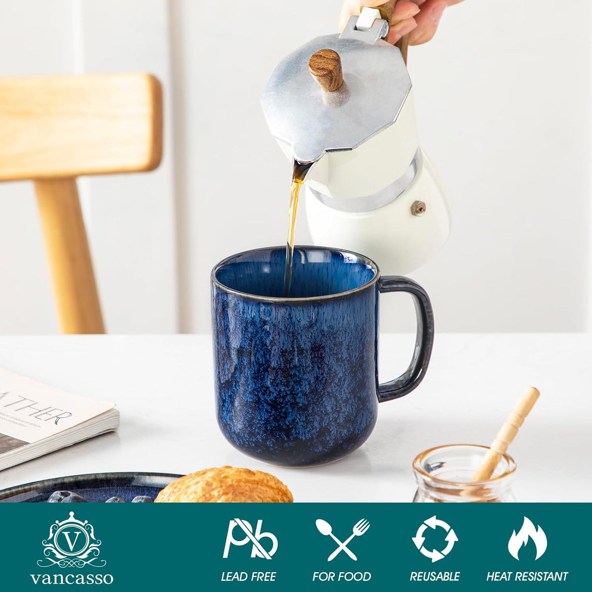 vancasso STARRY Coffee Mugs Set, 16 oz Ceramic Coffee Cups for Americano Hot Tea Iced Coffee Cold Brew Cocoa Milk Stoneware Mugs Set of 6, Dishwasher & Microwave Safe, Blue
