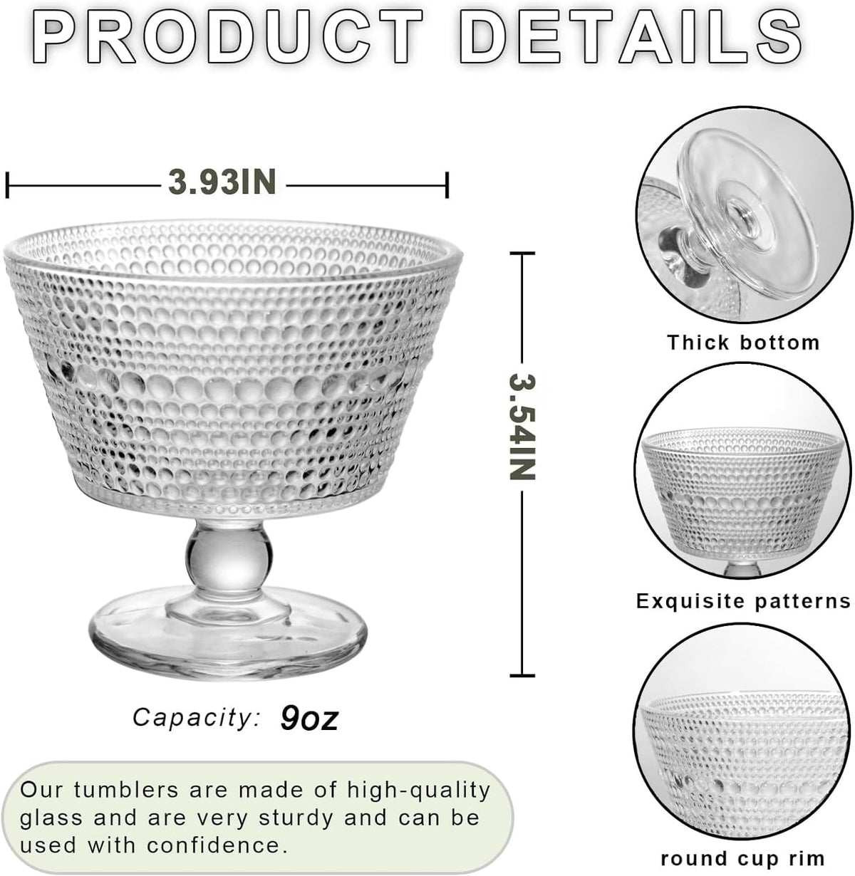 Glass Dessert Bowls Breakfast Cups,Dessert cups Set of 4, 9oz Glass Ice Cream Sundae Cups，Glass Dessert Bowls, For oats，Ice Cream, Milk, Sorbet, Yogurt (4PCS), Transparent, D-1059