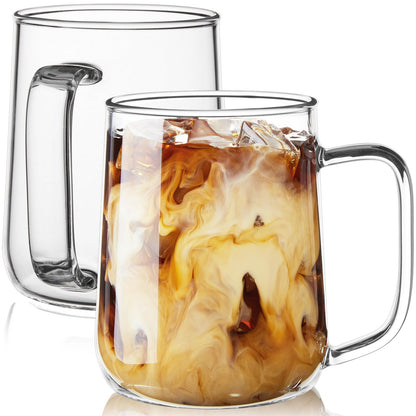 Glass Coffee Mugs, 16 oz Glass Coffee Cups Set of 2, Clear Borosilicate Glass Mugs with Handles for Cappuccino, Tea, Latte, Hot/Cold Beverages, Wine, Americano