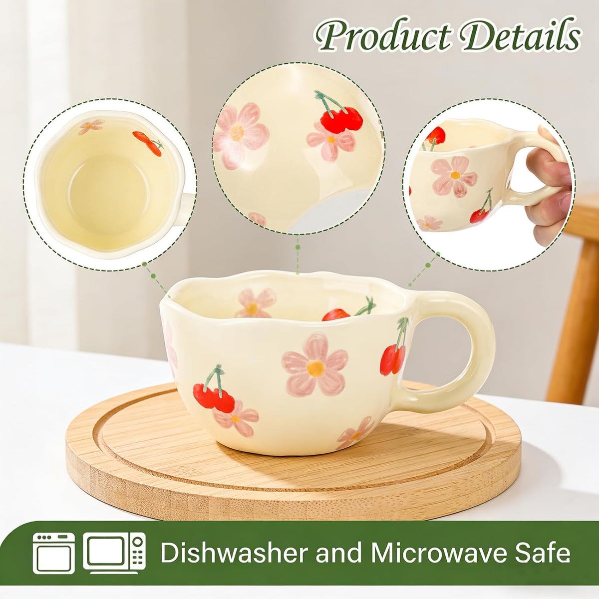 Yopay 2 Pack Ceramic Coffee Mug with Spoon, 8oz Handmade Hot Chocolate Mugs, Cute Cup for Girl Microwave Safe, Aesthetic Tea Milk Cup with Handle for Latte, Cocoa, Gift, Mom(Cherry flower)