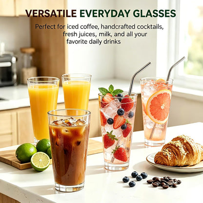 QAPPDA Drinking Glasses Set of 12, 16 oz Clear Glass Cups Cocktail Glasses | Highball Drinking Tumbler Glass Design for Home Dining, Bars, Pubs and Parties & Dishwasher Safe