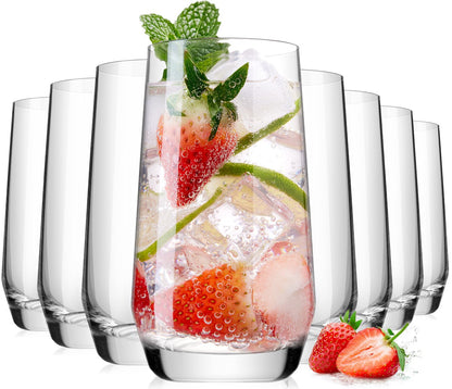Drinking Water Glass Cups Set,Crystal Clear tall Glass cups set of 8,16.2oz | Unique Design Highball Clear Glassware for Cocktail Parties, Family Dinners Glass Cups