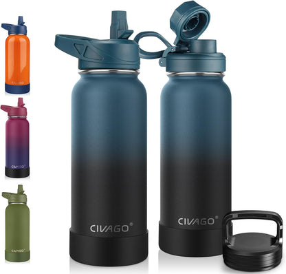 CIVAGO 40 oz Insulated Stainless Steel Water Bottle With Straw and 3 Lids | Large Metal Sports Water Jug, Leakproof Reusable Wide Mouth Thermal Flask Cup with Silicone Boot, BPA-Free, Midnight Black