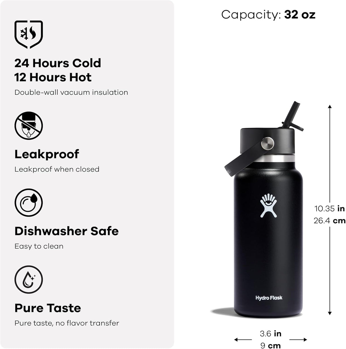 Hydro Flask Water Bottle - Insulated Stainless Steel - Wide Mouth Flex Straw Lid, Non Spill, Leakproof and Refillable in 32 Oz Tonal Birch