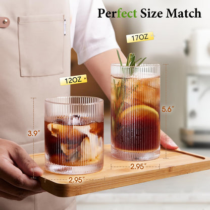 Ribbed Drinking Glasses Cups Set of 8 Large Capacity Highball 17oz&12oz | Rocks Cocktail Glasses Ideal for Beer, Juice, Water, Ice Coffee Cup, Whiskey, Mixed Drinkware