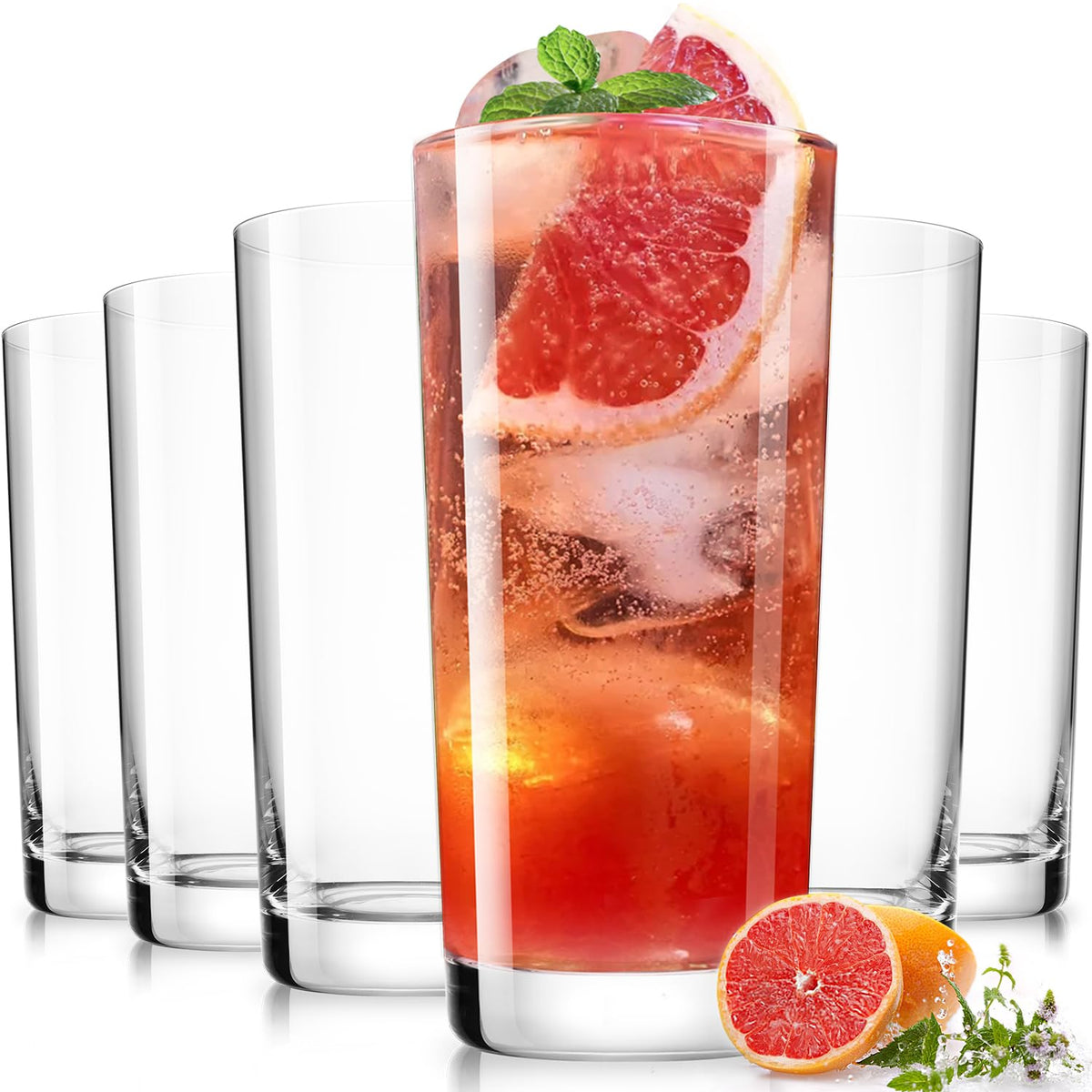 Drinking Water Glass Cups Set,Crystal Clear tall Glass cups set of 8,16.2oz | Unique Design Highball Clear Glassware for Cocktail Parties, Family Dinners Glass Cups