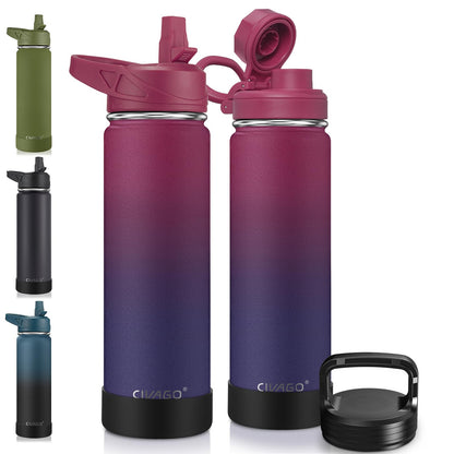CIVAGO 40 oz Insulated Stainless Steel Water Bottle With Straw and 3 Lids | Large Metal Sports Water Jug, Leakproof Reusable Wide Mouth Thermal Flask Cup with Silicone Boot, BPA-Free, Midnight Black