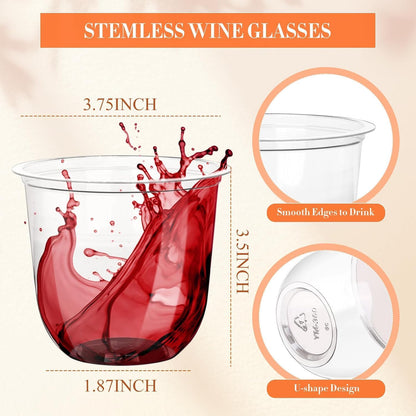 KesaPlan 100 Pcs 12oz Plastic Clear Cups, Disposable Wine Cocktail Glasses | Round Bottom, Crystal Stemless Party Bar Drink PET Cups for Meeting Weddings Birthday Christmas Valentine Party Supplies