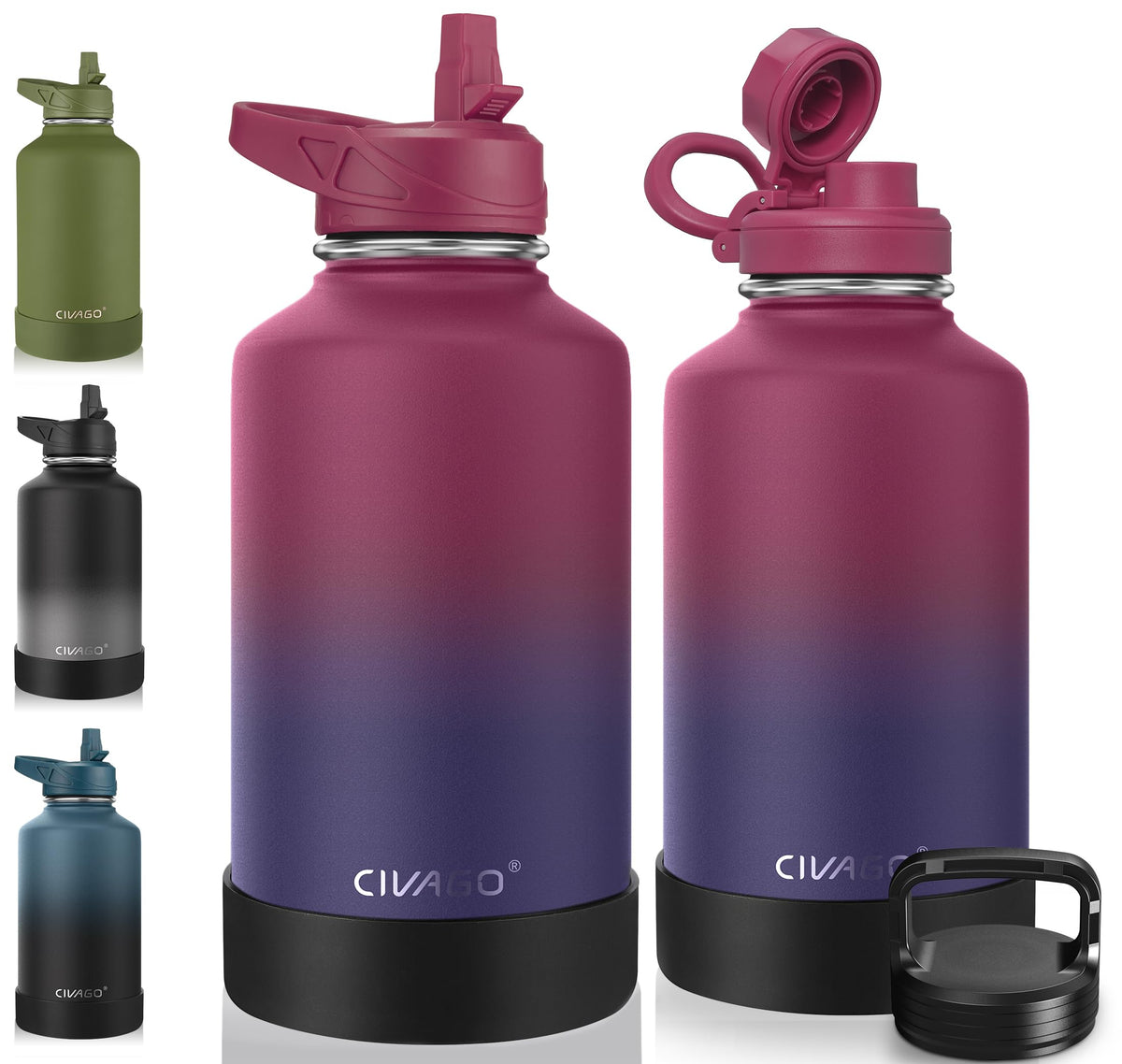 CIVAGO 40 oz Insulated Stainless Steel Water Bottle With Straw and 3 Lids | Large Metal Sports Water Jug, Leakproof Reusable Wide Mouth Thermal Flask Cup with Silicone Boot, BPA-Free, Midnight Black