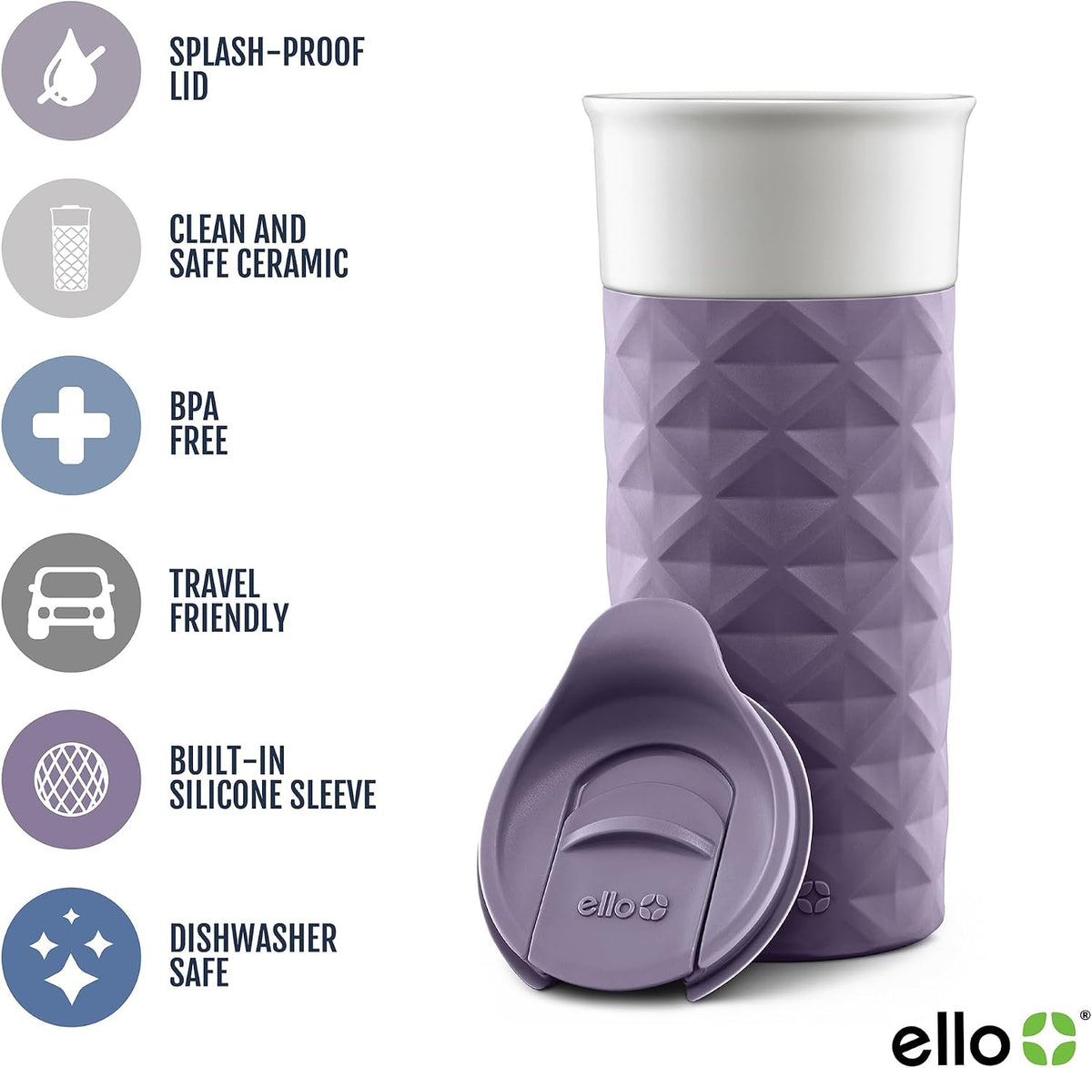 Ello Ogden 16oz Ceramic Travel Mug with Splash-Resistant Slider Lid and Protective Silicone Sleeve, Perfect for Coffee or Tea, BPA-Free, Dishwasher Safe | Splash-resistant ceramic travel mug with slider lid and protective silicone sleeve. BPA-free, great