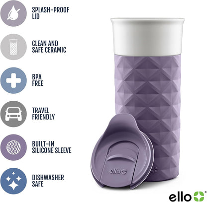 Ello Ogden 16oz Ceramic Travel Mug with Splash-Resistant Slider Lid and Protective Silicone Sleeve, Perfect for Coffee or Tea, BPA-Free, Dishwasher Safe | Splash-resistant ceramic travel mug with slider lid and protective silicone sleeve. BPA-free, great