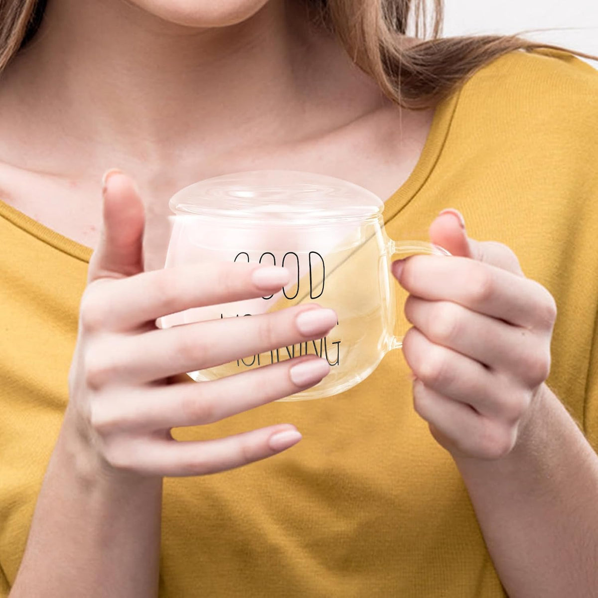 Heat Resistant Glass Milk Cup with Handle, Breakfast Mug for Coffee, Tea, Cereal, Glass Beverage Cup with Lid for Home and Office Use