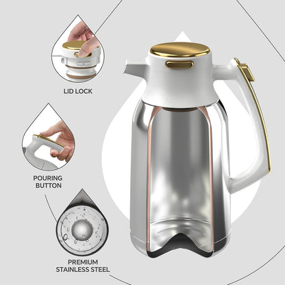 IDEUS Thermal Coffee Carafe, Stainless Steel Double Wall Insulated Vacuum Flask, Water Jug Coffee Server and Beverage Dispenser, Heat and Cold Retention (White-Gold, 68, Fluid Ounces)