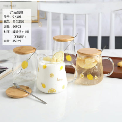 450ml/15oz Fruit Glass Lemon Milk Breakfast Cup With Lid Spoon, Lightweight And Heat-Resistant Water Cup For Home And Office Use-GK-B model