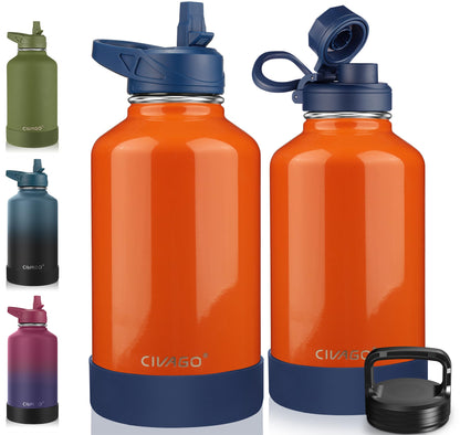 CIVAGO 40 oz Insulated Stainless Steel Water Bottle With Straw and 3 Lids | Large Metal Sports Water Jug, Leakproof Reusable Wide Mouth Thermal Flask Cup with Silicone Boot, BPA-Free, Midnight Black