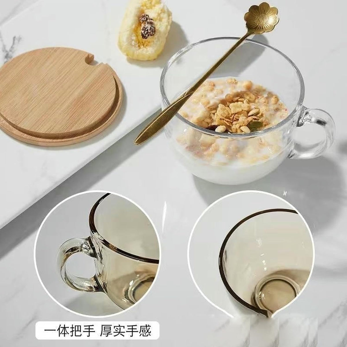 Large capacity glass breakfast cup, household transparent strap handle - milk cup