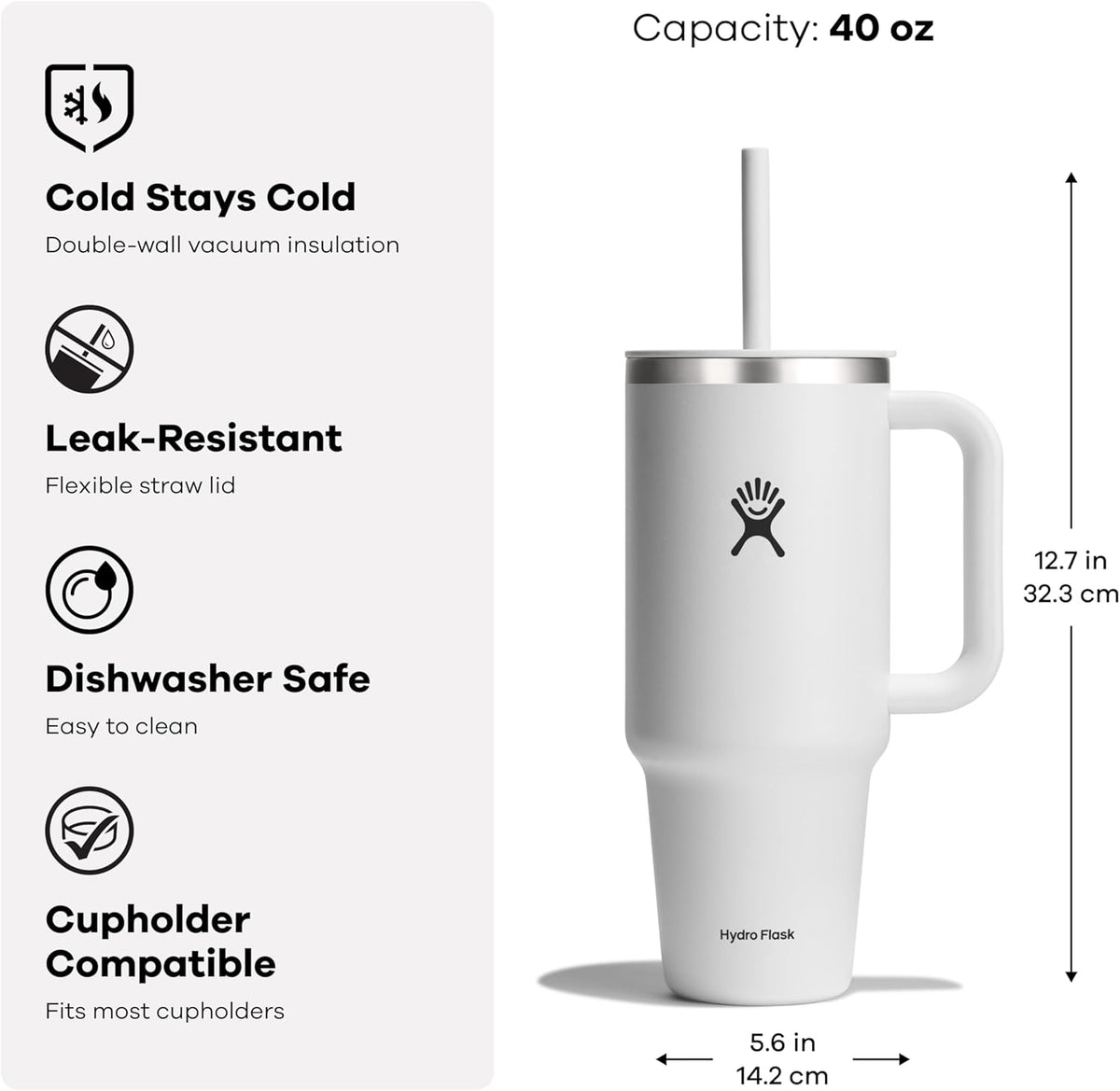 Hydro Flask Travel Tumbler with Handle, Lid and Straw - Insulated Stainless Steel in 40 Oz Agave