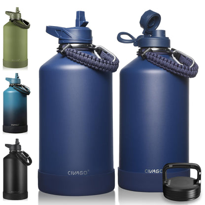 CIVAGO 40 oz Insulated Stainless Steel Water Bottle With Straw and 3 Lids | Large Metal Sports Water Jug, Leakproof Reusable Wide Mouth Thermal Flask Cup with Silicone Boot, BPA-Free, Midnight Black