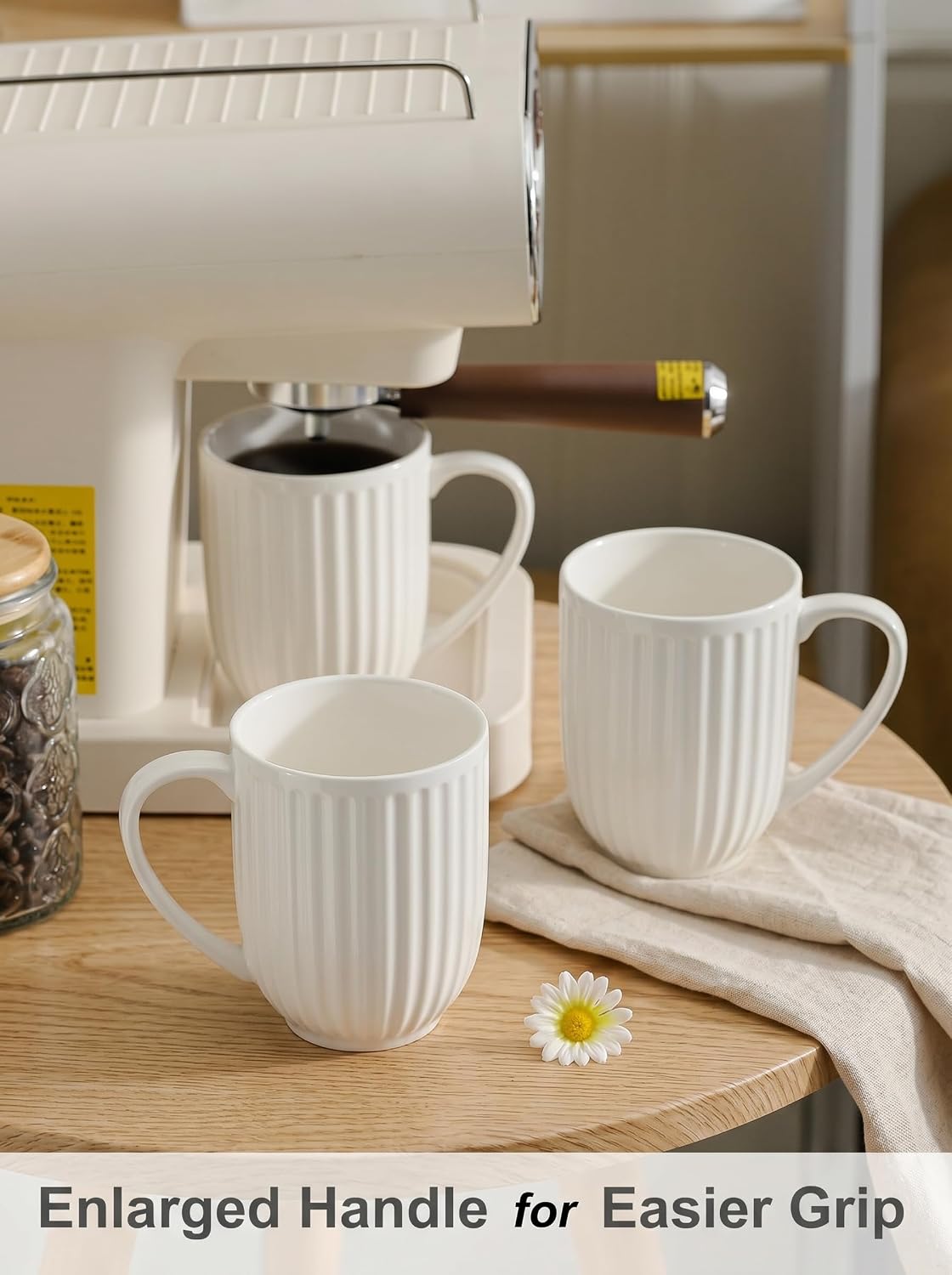 HASENSE Textured Large Coffee Mugs Set of 4, 16 Oz Ribbed Ceramic Cups with Large Handle for Latte Tea Cappuccino, Stackable Embossed Mug Set for Mom Dad, Microwave Dishwasher Safe, Creamy White