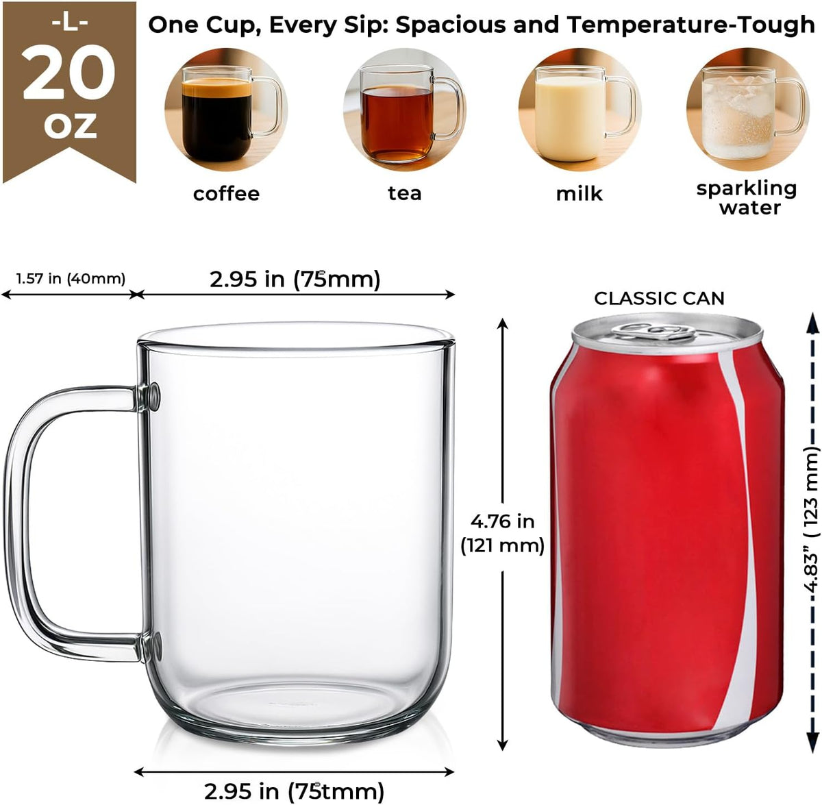 Aquach 20oz Glass Coffee Mugs Set of 2, Clear Borosilicate Cups with Handle | Dishwasher/Microwave Safe, Borosilicate Glass, Single-walled, Smooth Rim, Handle Comfort, Large Capacity