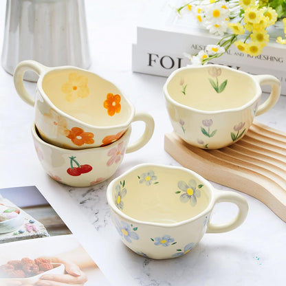 Vesici 4 Pack Ceramic Flower Coffee Mug with Spoon 8.5 oz, Cute Aesthetic Tea Cups with Handle for Tea, Milk, Latte Mugs for Coffee Bar Women Birthday Housewarming Gifts, Dishwasher Microwave Safe