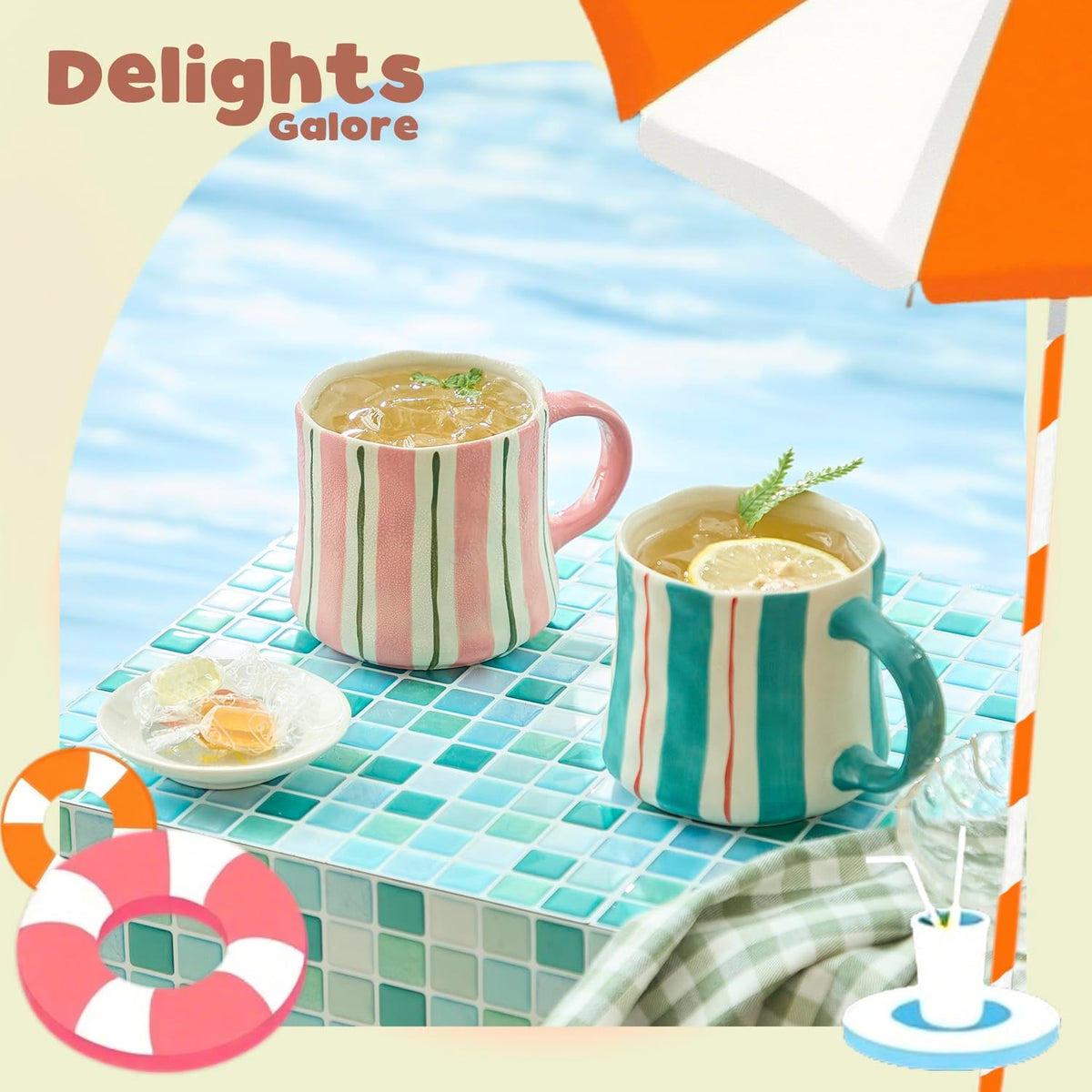 Striped Ceramic Coffee Mugs Set of 2, Pink and Green Stackable Stoneware Mugs for Morning Coffee, Tea & Cocoa, 12oz Dishwasher & Microwave Safe Mug Gift Set for Home & Office