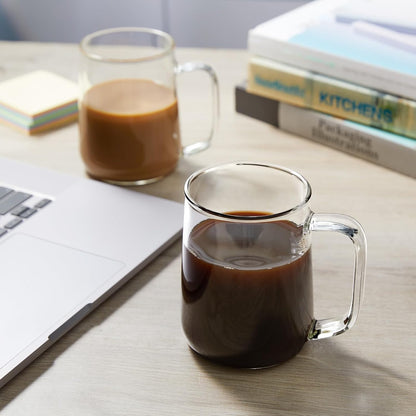 Glass Coffee Mugs, 16 oz Glass Coffee Cups Set of 2, Clear Borosilicate Glass Mugs with Handles for Cappuccino, Tea, Latte, Hot/Cold Beverages, Wine, Americano